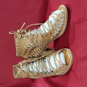 Jeffery campbell leather lace up laser cut heeled open toe shoes